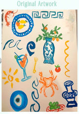 Flat lay of the Greco Shorts and Top Set showing colourful hand-painted print details.