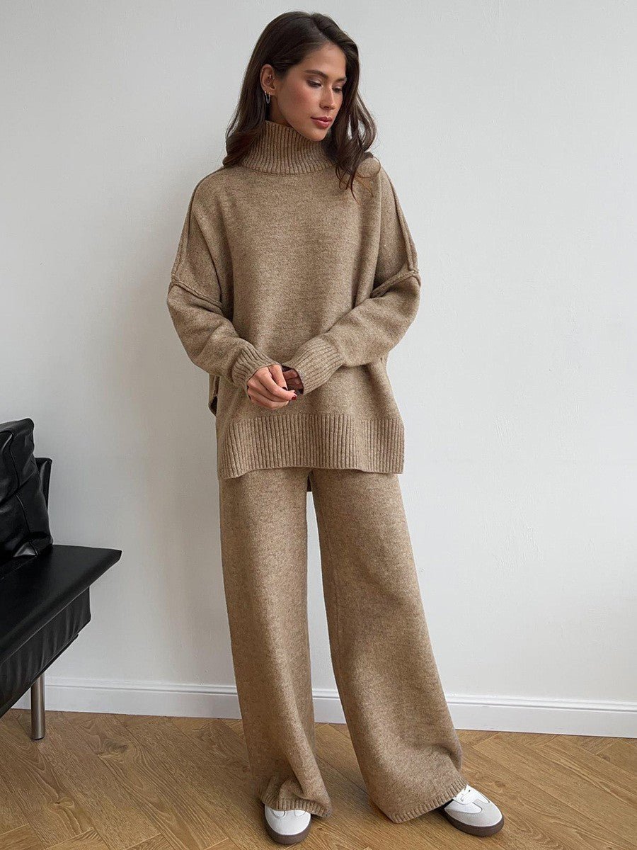 Model wearing the Luna Loungewear Set in oatmeal – knit turtleneck and wide-leg pants