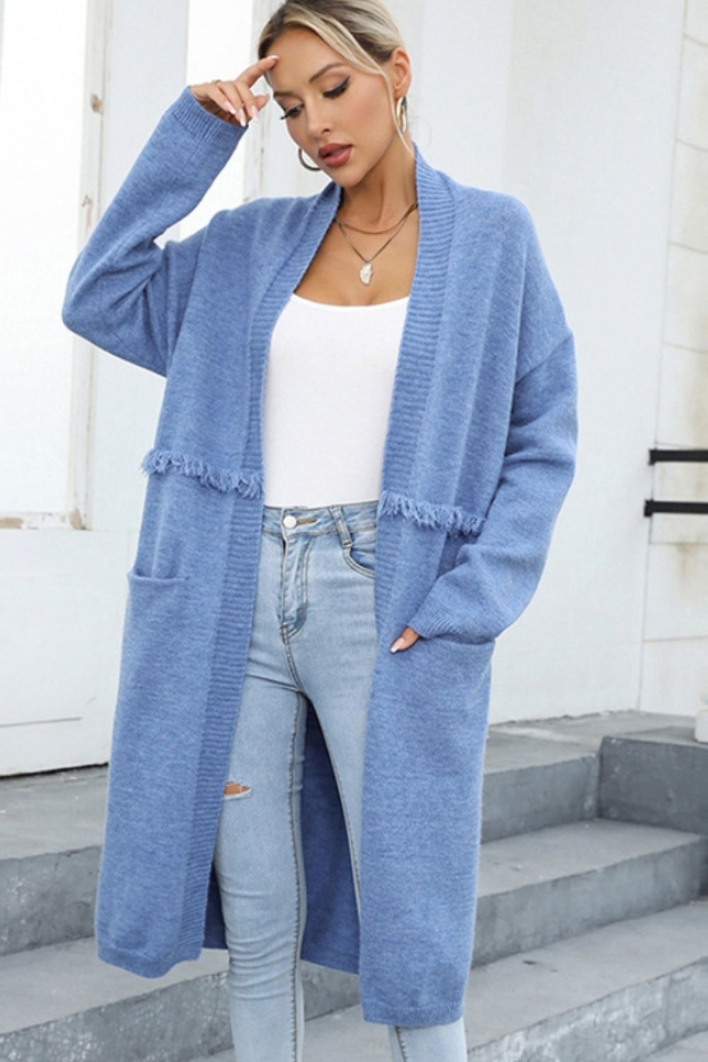 Harper Longline Fringe Cardigan - Light Blue - Go-Dolly