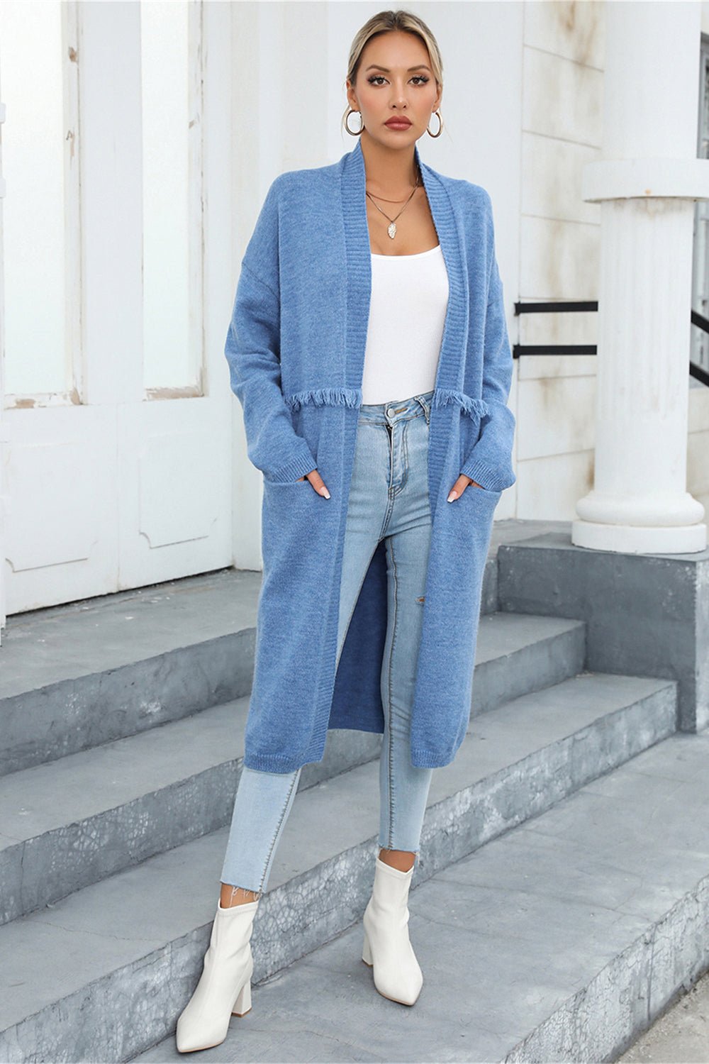 Harper Longline Fringe Cardigan - Light Blue - Go-Dolly
