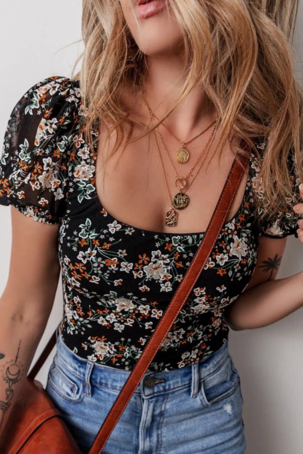 Hollie Floral Print Bodysuit - Black - Go - Dolly