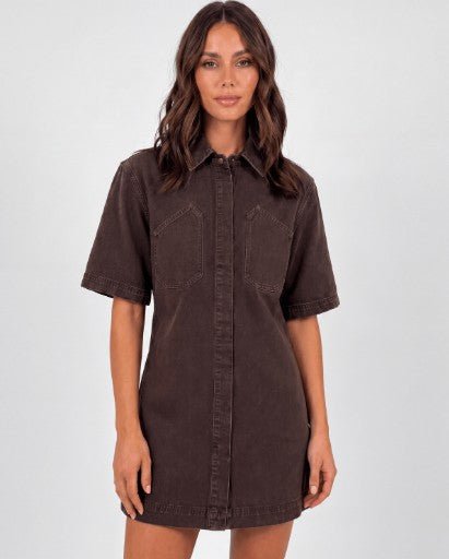 Hunter Denim Mini Dress - Chocolate Brown - Go-Dolly