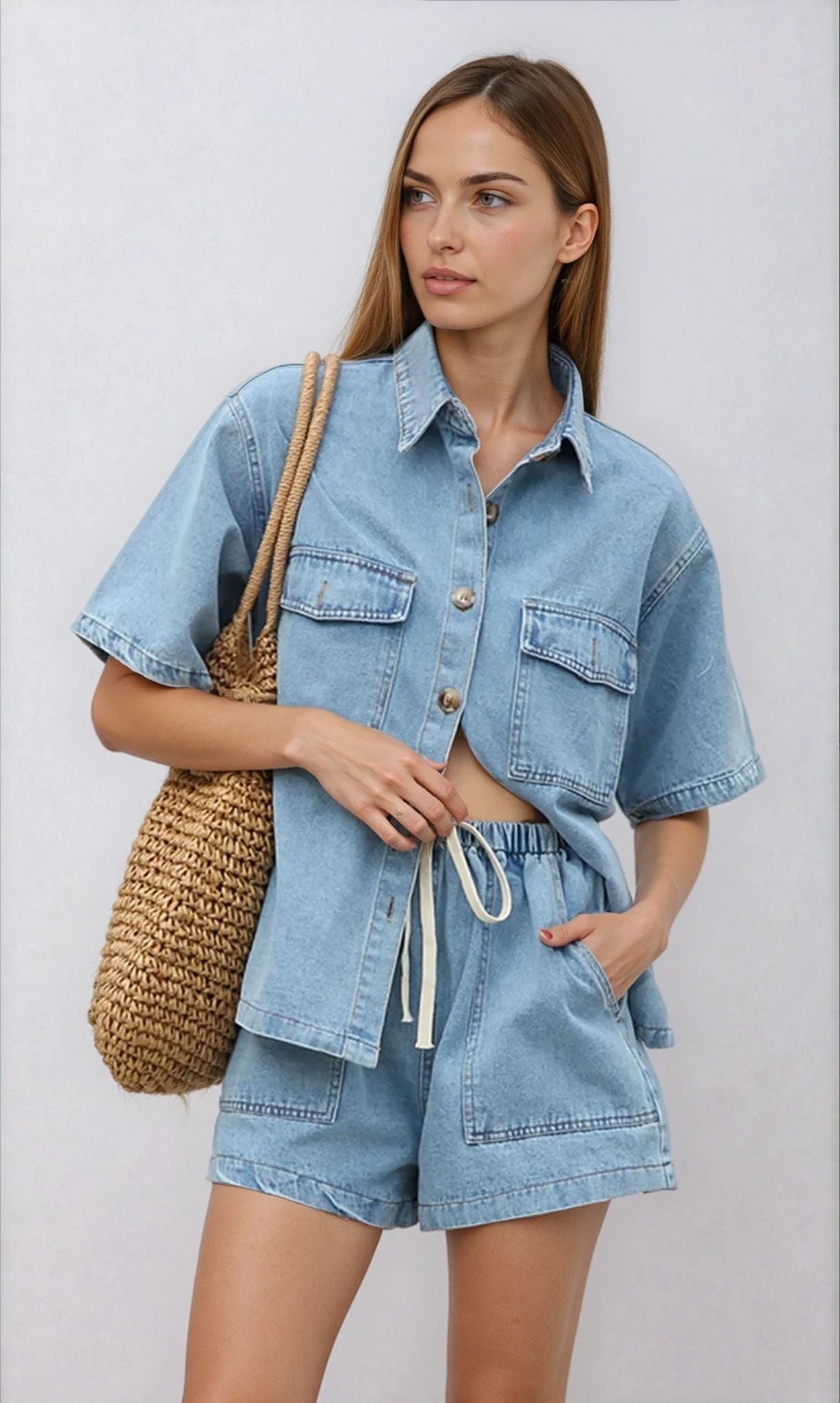 Three-quarter pose of the light blue denim two piece set with rolled sleeves and hand on waist.