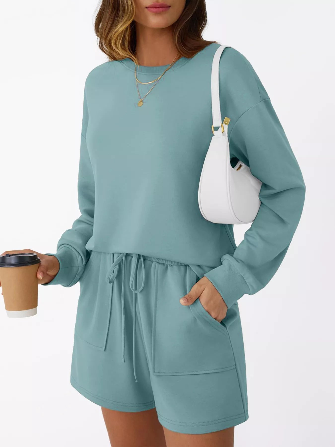 Kara Long Sleeve Top and Shorts Set - Turquoise - Go - Dolly
