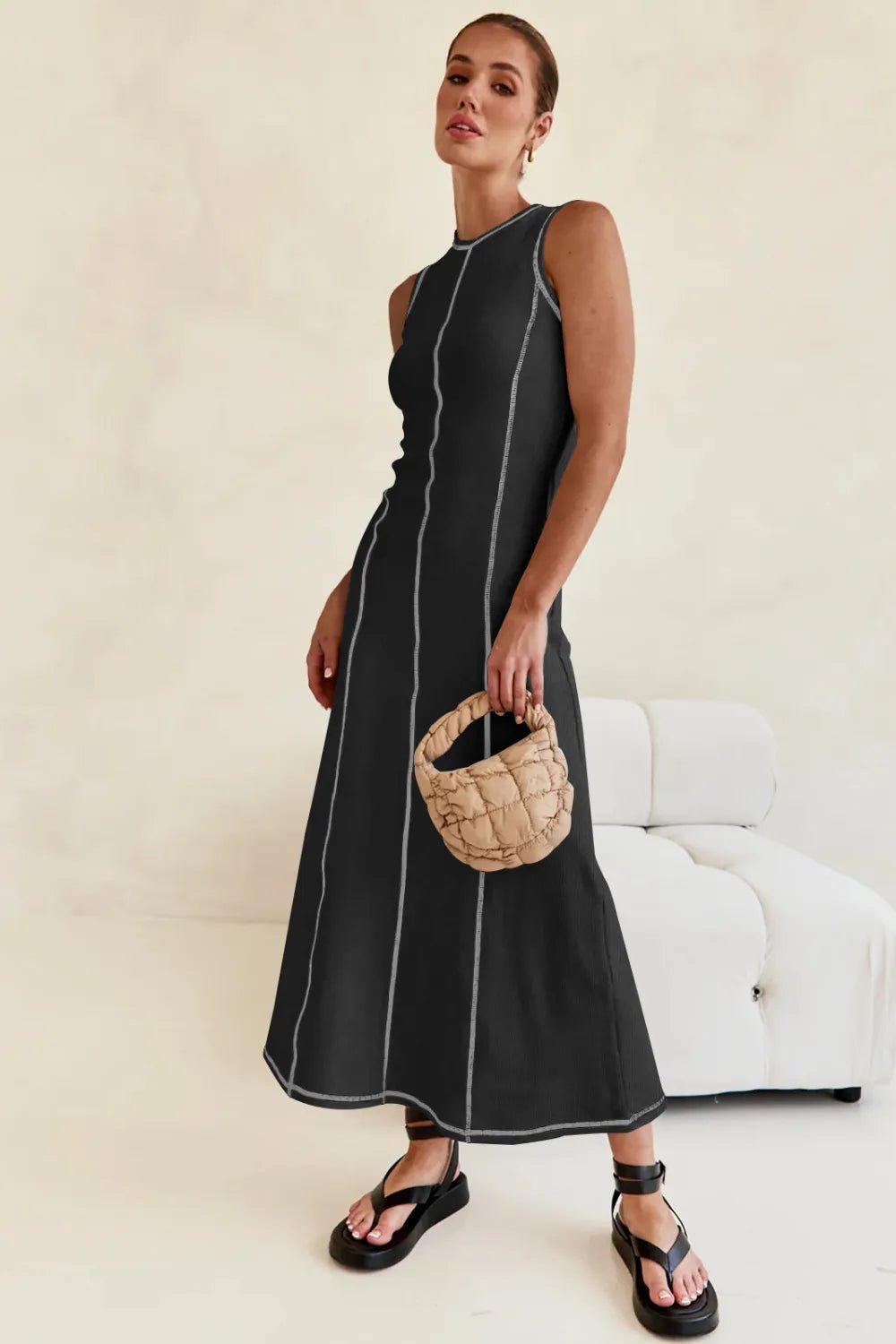 Lanara Contrast Stitching Maxi Dress - Black - Go - Dolly