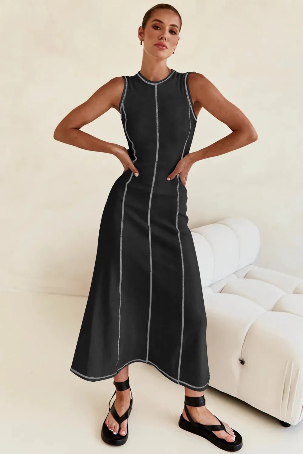Lanara Contrast Stitching Maxi Dress - Black - Go - Dolly