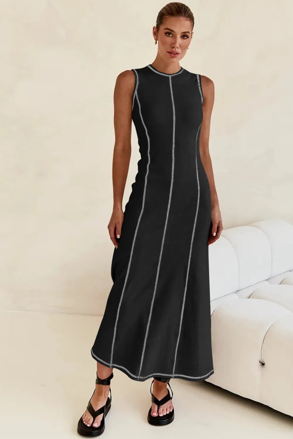 Lanara Contrast Stitching Maxi Dress - Black - Go - Dolly
