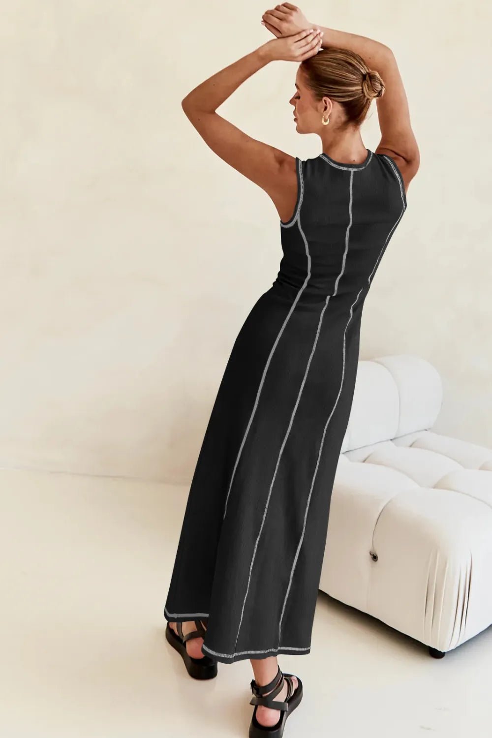 Lanara Contrast Stitching Maxi Dress - Black - Go - Dolly