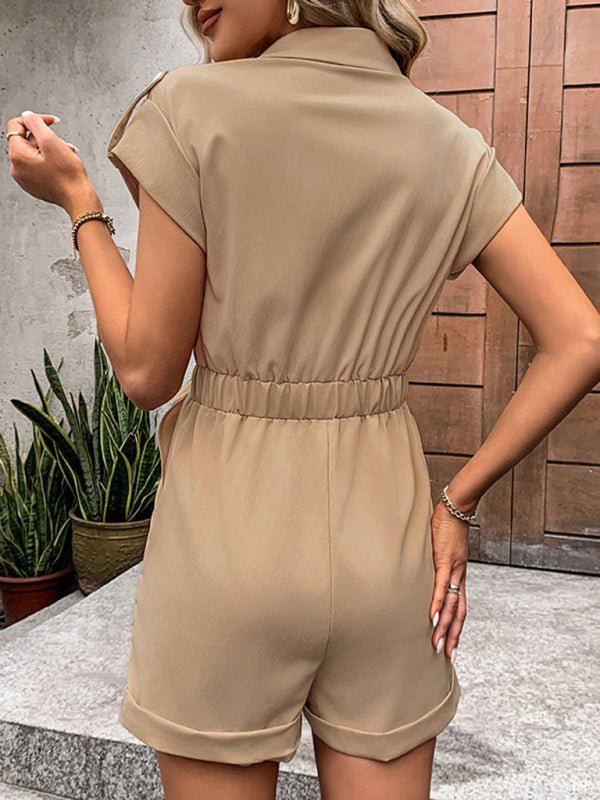 Back view of model wearing The Leonila Playsuit in camel, showcasing ruched waist detail.