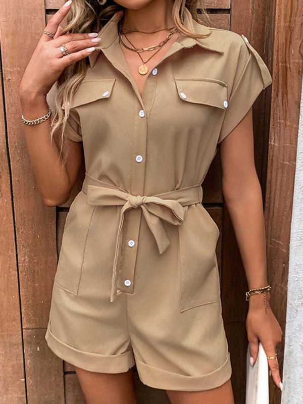 Front close-up of The Leonila Playsuit in camel, showing lapel collar and buttoned bodice.