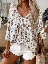 Leopard print V - neck gathered three - quarter sleeve shirt - Go - Dolly