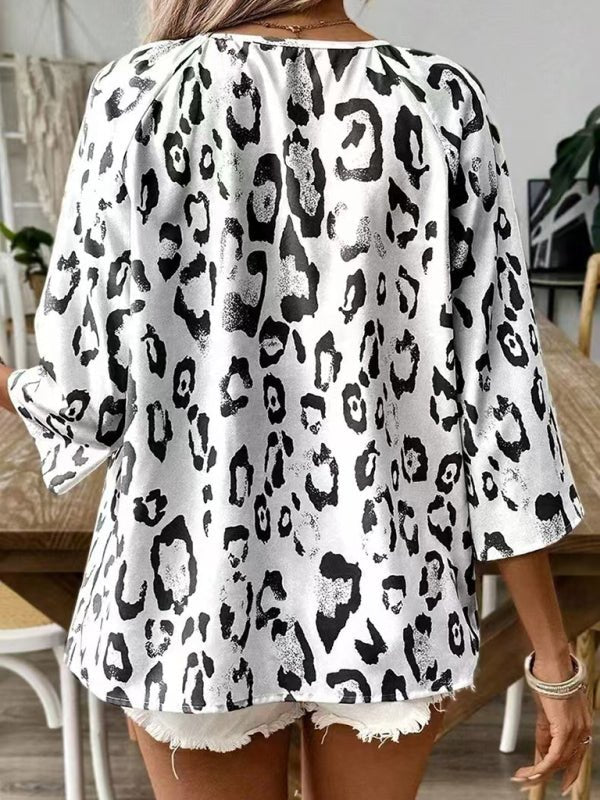 Leopard print V - neck gathered three - quarter sleeve shirt - Go - Dolly