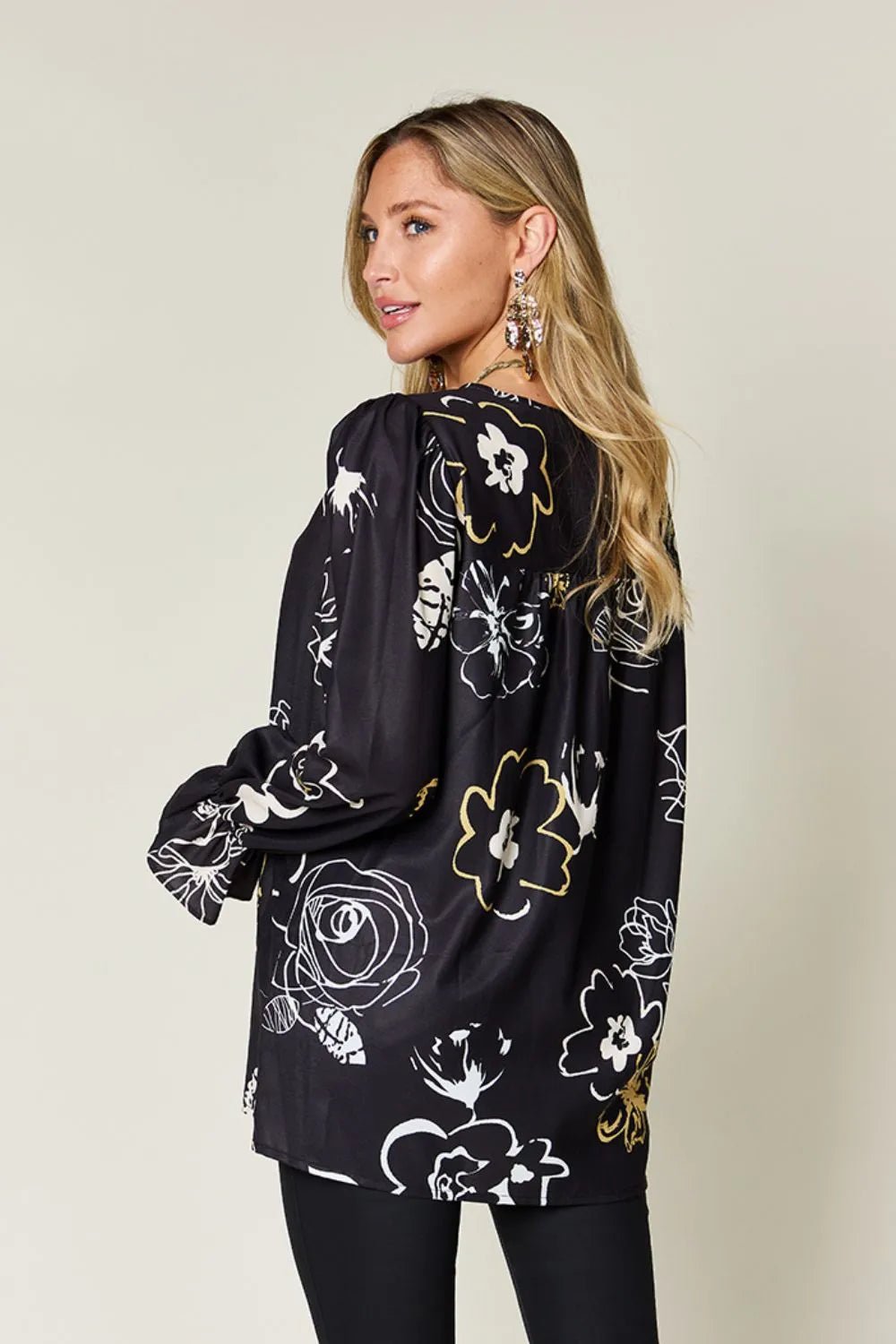 Liana Black Flounce Sleeve Blouse - White Floral - Go - Dolly