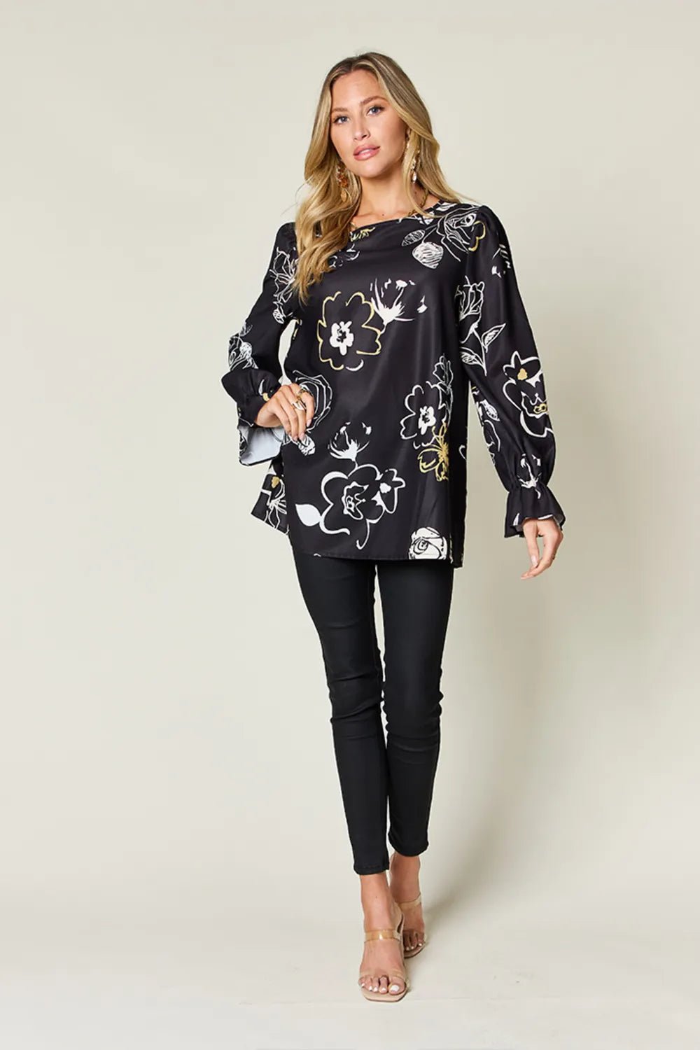 Liana Black Flounce Sleeve Blouse - White Floral - Go - Dolly