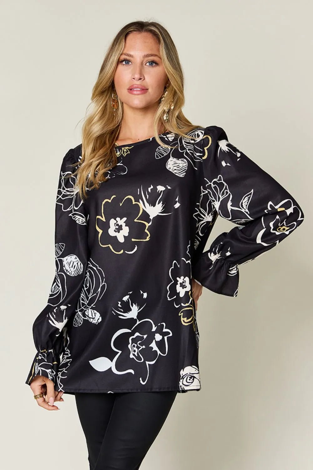 Liana Black Flounce Sleeve Blouse - White Floral - Go - Dolly