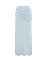 Close-up of the Malani Ruched Maxi Skirt in blue highlighting the fabric texture.
