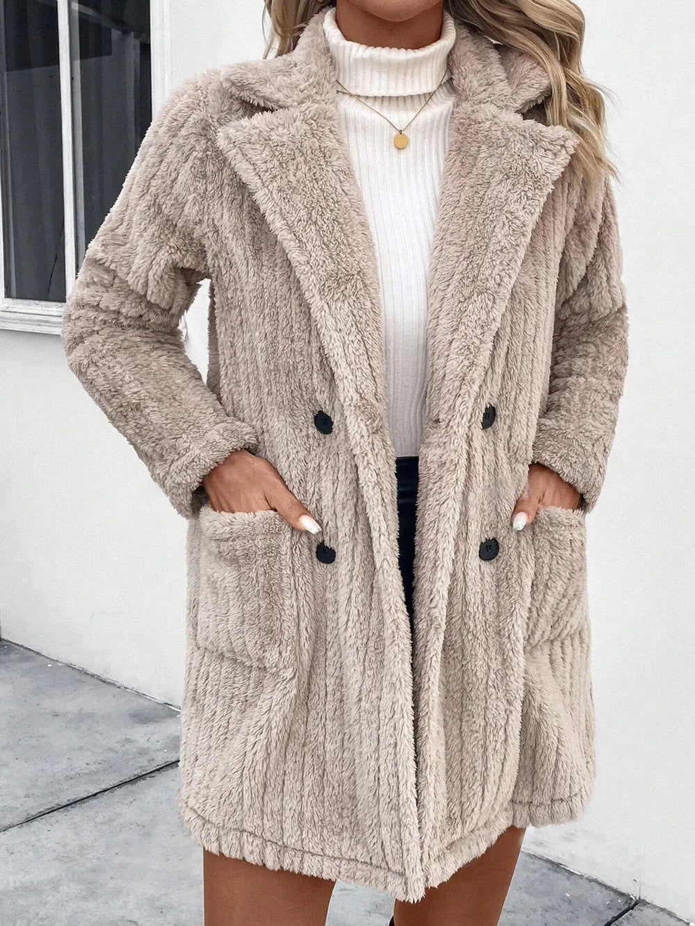 Marla Fuzzy Long Sleeve Coat - Beige - Go - Dolly