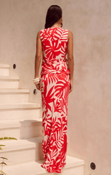 Back view of printed maxi skirt showing full length and high waist.