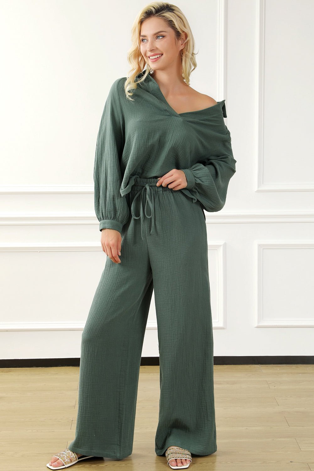 Mikah V - Neck Top and Pants Set - Forest Green - Go - Dolly