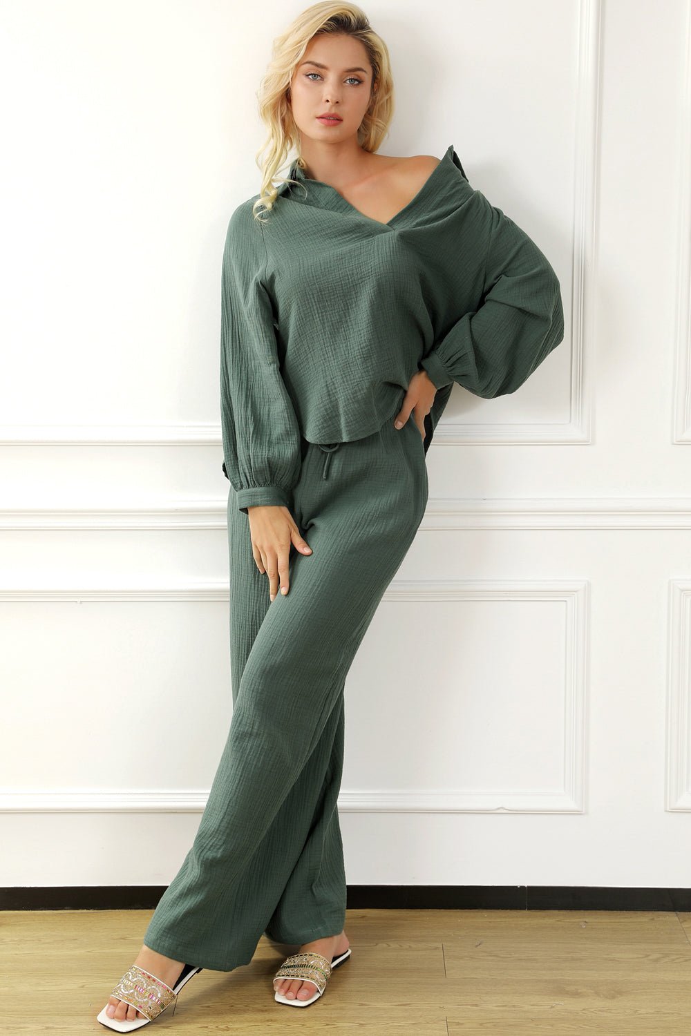 Mikah V - Neck Top and Pants Set - Forest Green - Go - Dolly