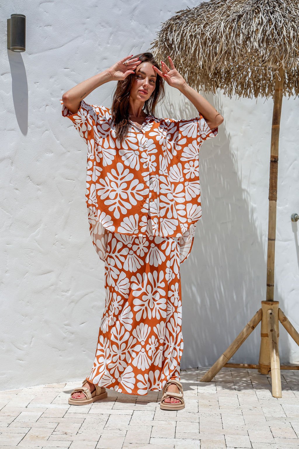 Full front-facing view of the Nahla Maxi Skirt and shirt, styled for an earthy and elevated summer vibe.