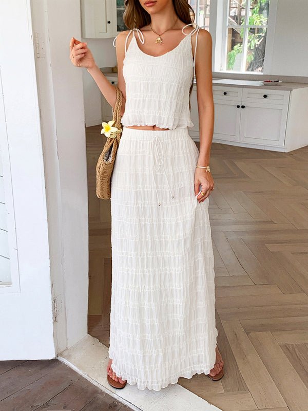 Model in Nara Set in white – soft two piece for daytime outings. Front view