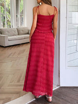 Rear view of the Nara Set in red – adjustable tie straps and drawstring waist