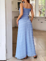 Back view of the blue Nara Set – breathable two piece with gathered waist