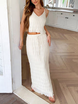 Front angle of Nara Set in white – drawstring waist and flowy texture