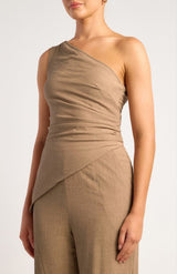 One Shoulder Ruched Detail Textured Top and Pants Set - Mocha - Go - Dolly