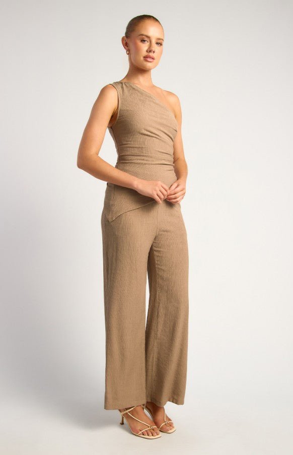 One Shoulder Ruched Detail Textured Top and Pants Set - Mocha - Go - Dolly