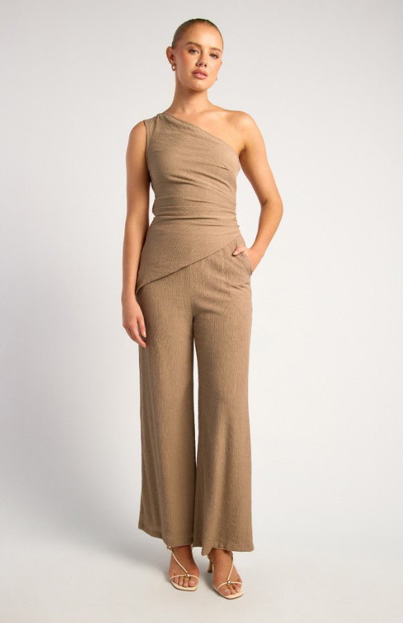 One Shoulder Ruched Detail Textured Top and Pants Set - Mocha - Go - Dolly