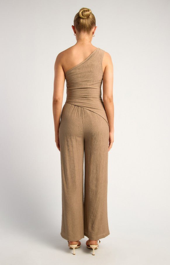 One Shoulder Ruched Detail Textured Top and Pants Set - Mocha - Go - Dolly