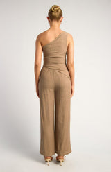 One Shoulder Ruched Detail Textured Top and Pants Set - Mocha - Go - Dolly