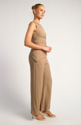 One Shoulder Ruched Detail Textured Top and Pants Set - Mocha - Go - Dolly