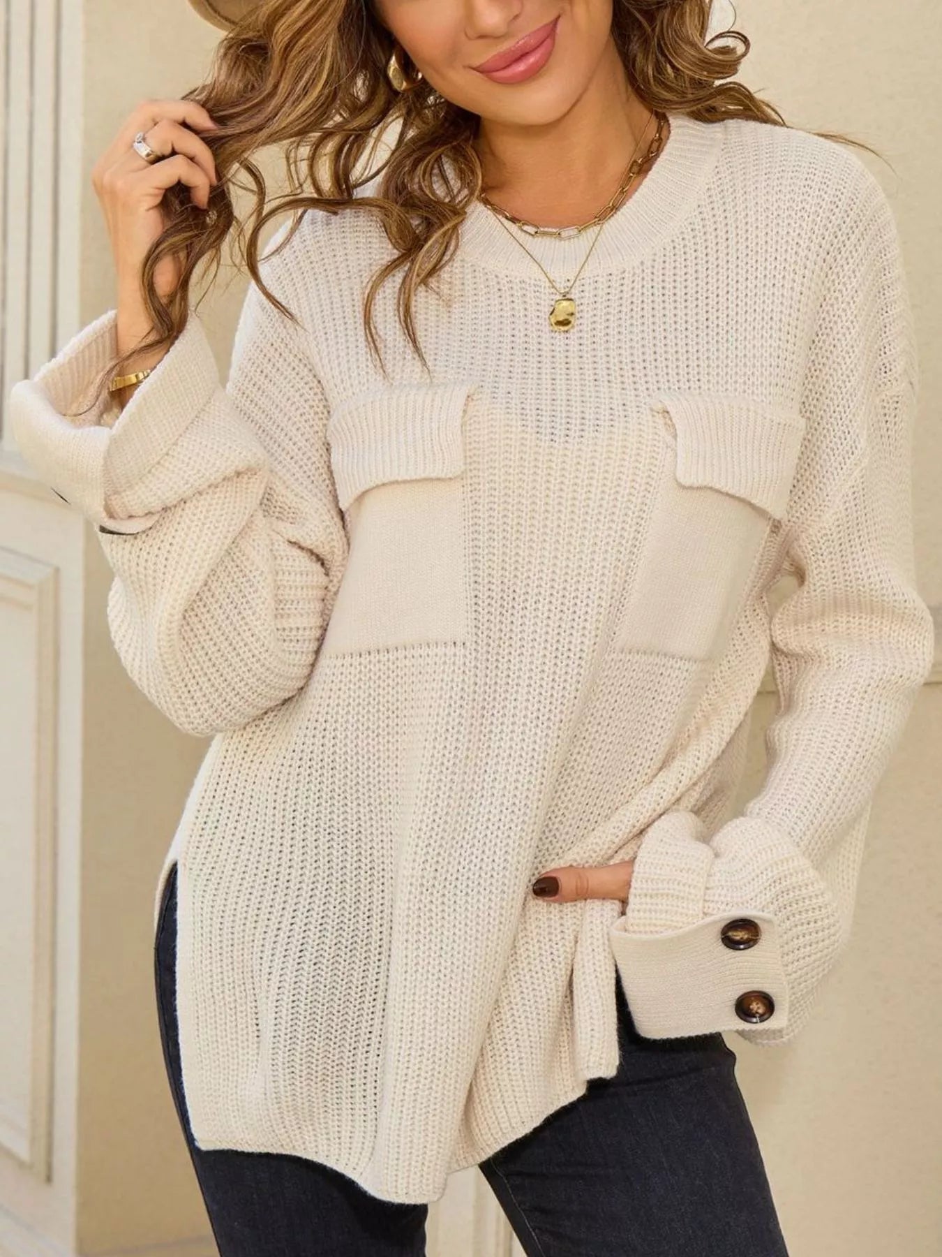 Pocket Detail Round Neck Sweater - Cream - Go-Dolly