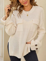 Pocket Detail Round Neck Sweater - Cream - Go-Dolly
