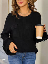 Pocket Detail Round Neck Sweater - Cream - Go-Dolly
