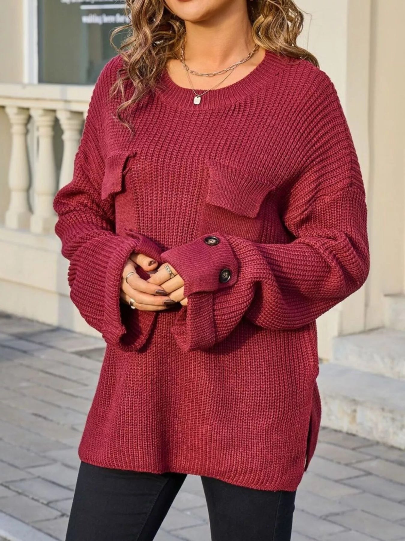 Pocket Detail Round Neck Sweater - Cream - Go-Dolly