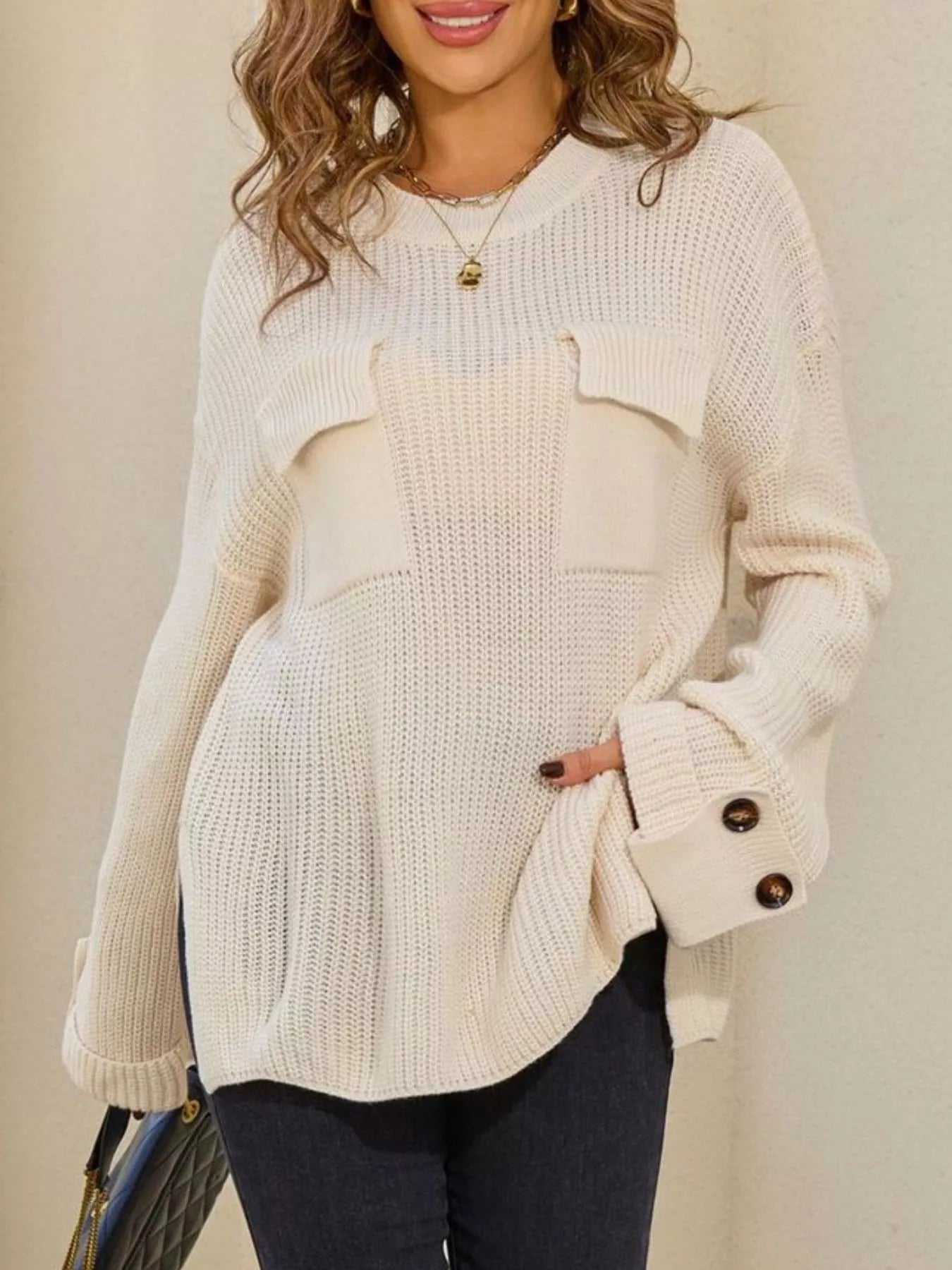 Pocket Detail Round Neck Sweater - Cream - Go-Dolly