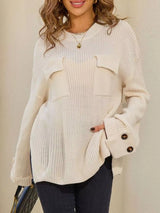 Pocket Detail Round Neck Sweater - Cream - Go-Dolly