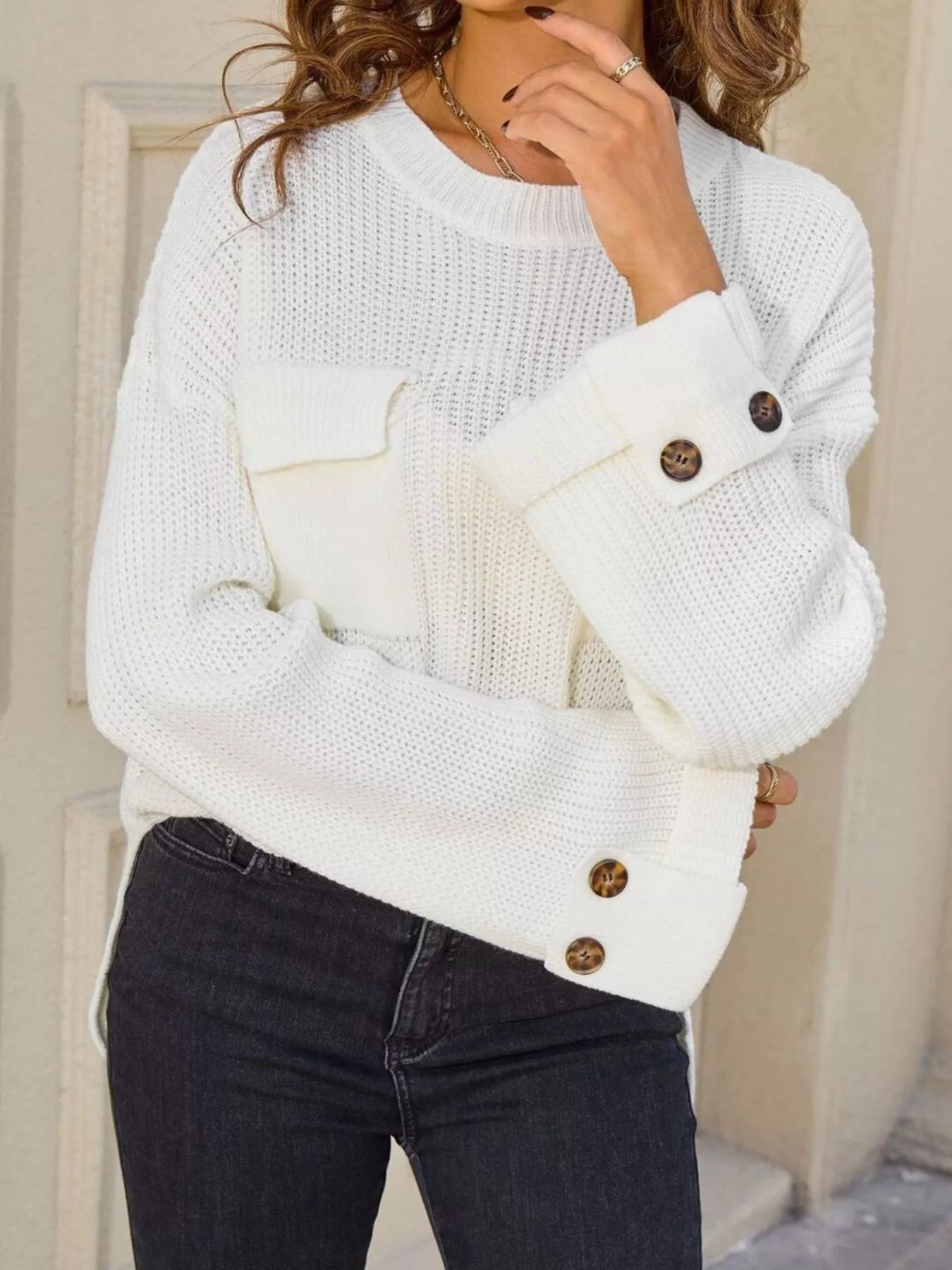 Pocket Detail Round Neck Sweater - Cream - Go-Dolly