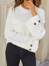 Pocket Detail Round Neck Sweater - Cream - Go-Dolly