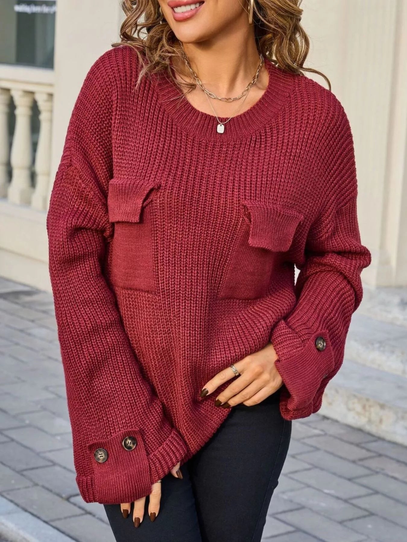 Pocket Detail Round Neck Sweater - Cream - Go-Dolly