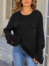 Pocket Detail Round Neck Sweater - Cream - Go-Dolly