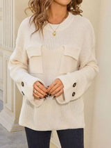 Pocket Detail Round Neck Sweater - Cream - Go-Dolly