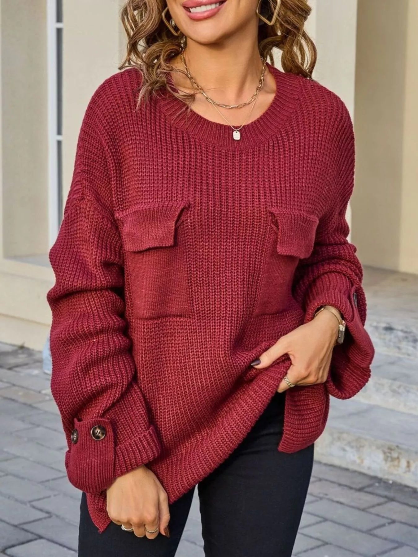 Pocket Detail Round Neck Sweater - Cream - Go-Dolly