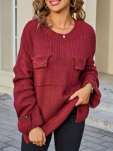 Pocket Detail Round Neck Sweater - Cream - Go-Dolly