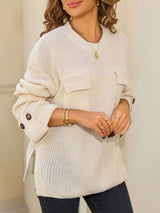 Pocket Detail Round Neck Sweater - Cream - Go-Dolly