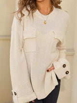 Pocket Detail Round Neck Sweater - Cream - Go-Dolly